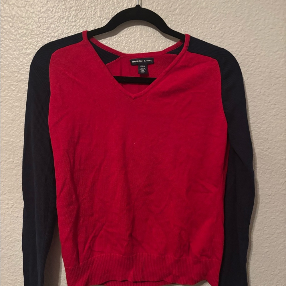 American Living Red and Navy V-Neck Top